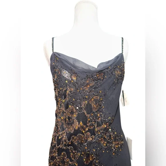 Vintage Sue Wong 100% Silk Beaded Cocktail Dress 8P NWT Black Gold Sequin - Picture 3 of 9